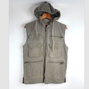 VTG 80s Banana Republic Safari Vest Men S Green Khaki Photographer Stowaway Hood